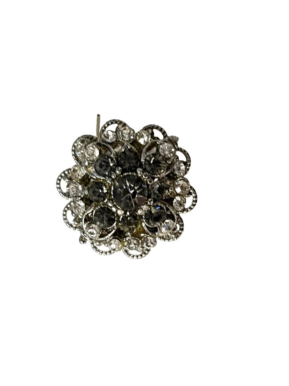 Vintage Rhinestone Cluster Brooch Silver Tone Black Clear Crystal Floral Pin 1 I